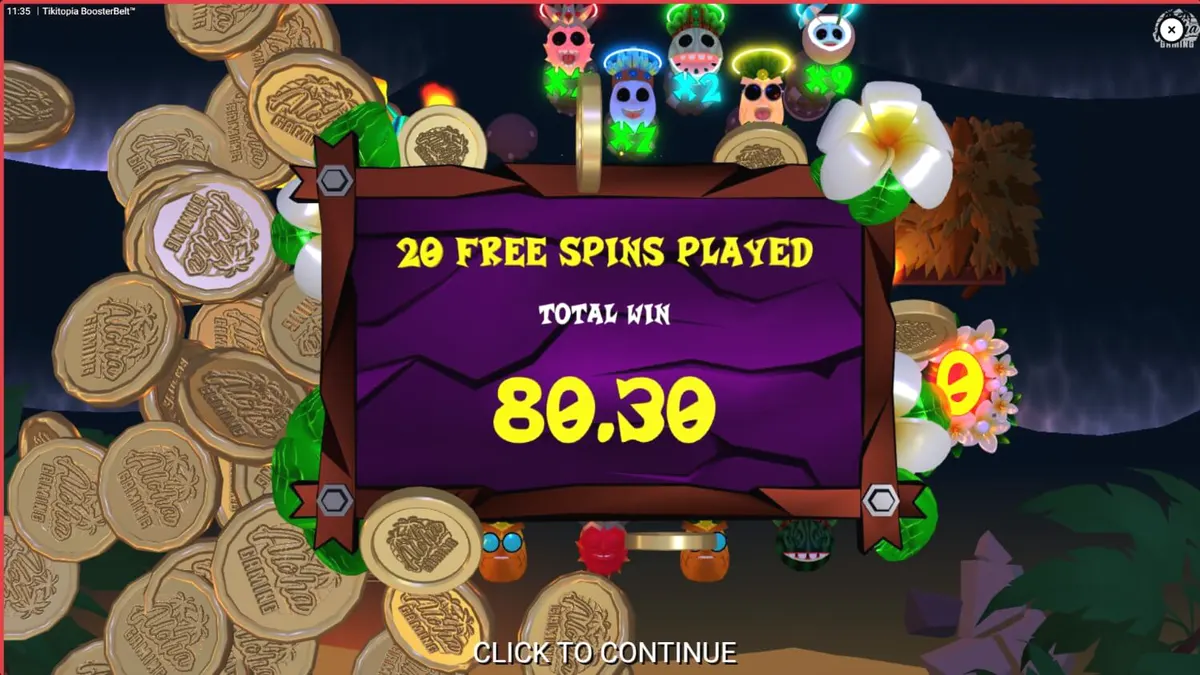 Interface vibrante do slot Tikitopia BoosterBelt com o totem Big’Um Tiki e frutas animadas