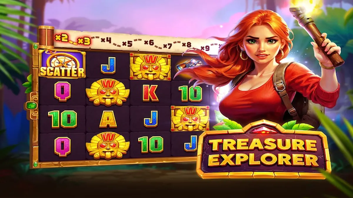 Treasure Explorer slot interface com tema de selva e exploradora